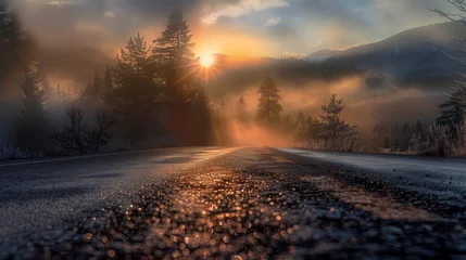 Foto op Plexiglas The sun is shining through the clouds over the road © Maria Starus