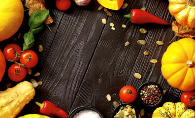 Black stone cooking background. Spices and vegetables. Top view. Free space for your text. A set of...