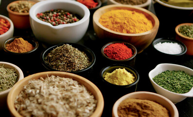 Black stone cooking background. Spices and vegetables. Top view. Free space for your text. A set of spices and herbs. Indian cuisine. Pepper, salt, paprika, basil, turmeric.