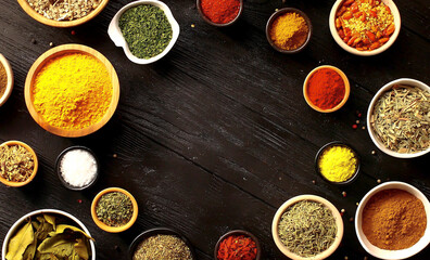 Obraz na płótnie Canvas Black stone cooking background. Spices and vegetables. Top view. Free space for your text. A set of spices and herbs. Indian cuisine. Pepper, salt, paprika, basil, turmeric.