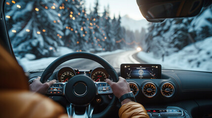 A man driving a car on a snowy road - obrazy, fototapety, plakaty