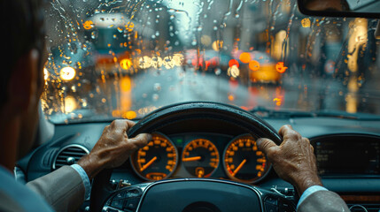 A man driving a car in the rain
