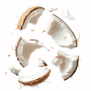 Crashed broken coconut flying or floating. Falling pieces of coconut, isolated on white background. 