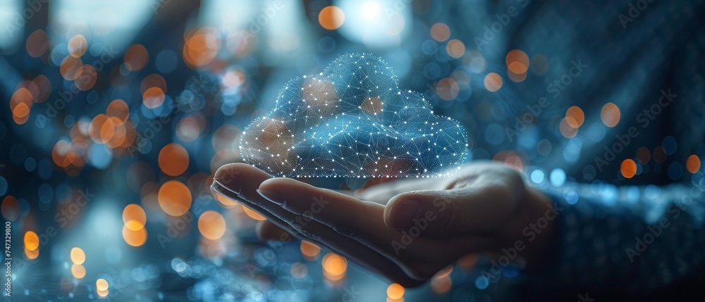Aufkleber The Internet, data storage, data transfer, and network and internet service concept is shown on a virtual screen by a businessman using cloud computing.