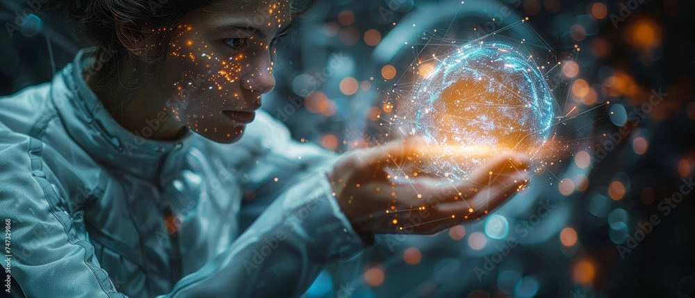 Leinwandbilder An AI tech, a businessman shows virtual graphics on the Global Internet while chatting with AI, Artificial Intelligence. He uses command prompt to generate something using AI, Futuristic technology