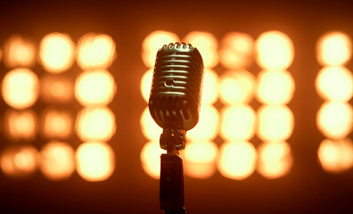 Retro microphone against orange background. Professional concert vintage glare microphone. Mic for...
