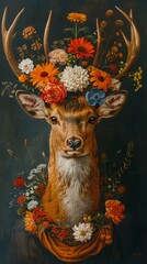 A painting of a deer with flowers on its head