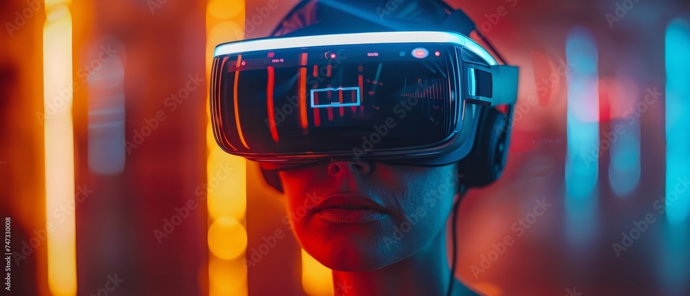 Fototapete Wearing VR glasses virtual global internet connection ChatGPT Chat with AI, Artificial Intelligence, using a command prompt to generate something, futuristic technology transformation.