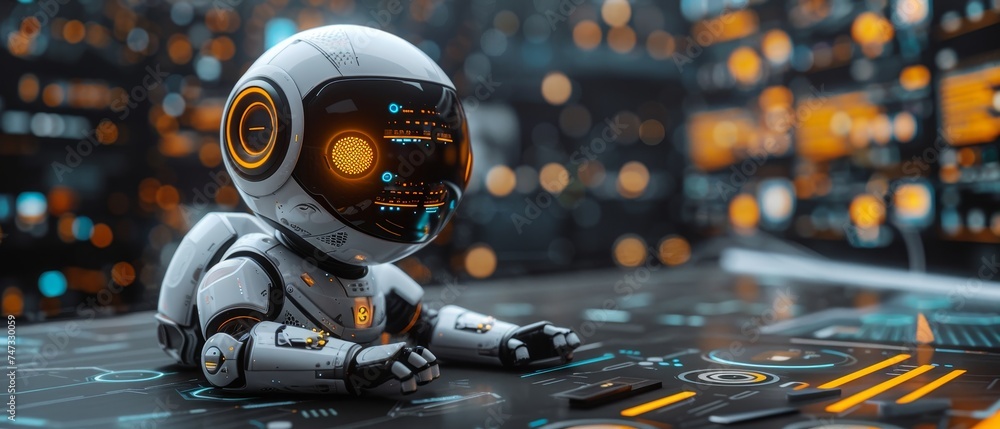 Leinwandbilder Using AI, Artificial Intelligence, man uses technology smart robot AI, artificial intelligence by entering command prompt for generating something, Future Technology Transformation.
