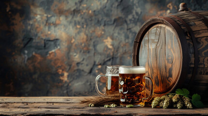 Oktoberfest beer barrel and beer glasses with wheat and hops on wooden table with space for text