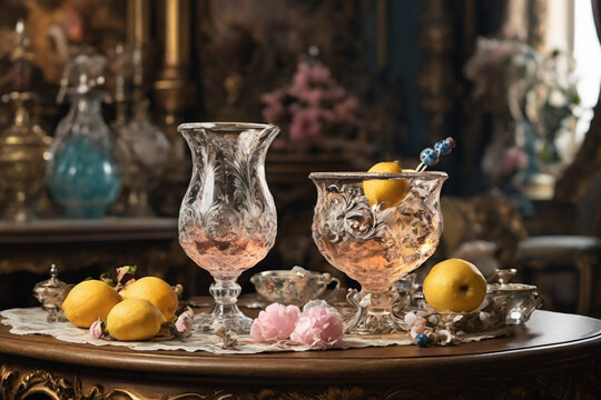 Fruits, drink glasses and flowers on the table. Baroque style.