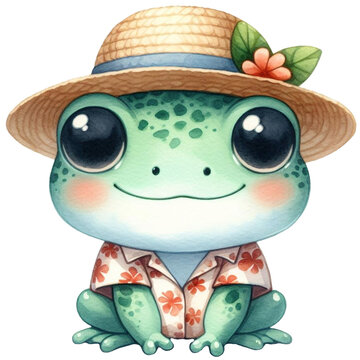 recommend clip art: Cute frog wears a beach hat and aloha shirt, watercolor clipart illustration with isolated background