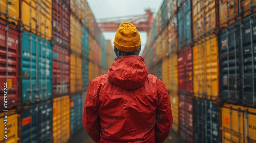 Poster on site container yard terminal background, a worker standing confidently with a container logistics
