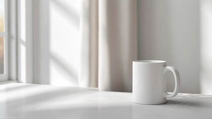 A plain white ceramic mug mock up on a white  table,  Coffee Cup