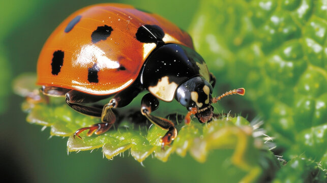 A closeup of a rustcolored ladybug perched atop a leaf ready to devour any pesky aphids that may plague the garden.