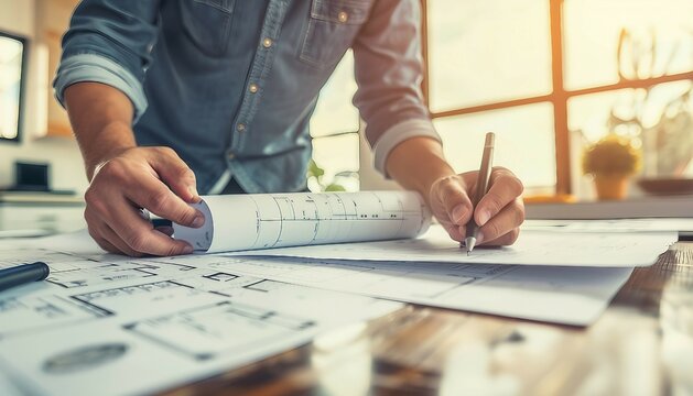 Construction Site Planning and Blueprinting, the initial stages of a construction project with an image showing architects and engineers reviewing blueprints and site plans, AI