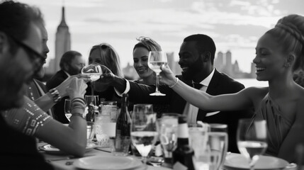 A black and white photo of a group of friends sitting at a table enjoying the refined atmosphere of the rooftop bar. They are dressed in trendy upscale attire and clinking