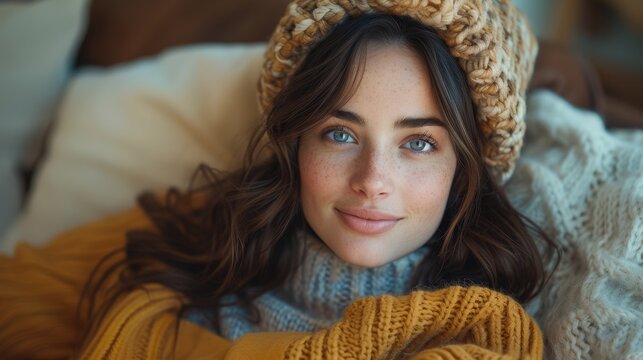 In this picture, a happy young woman sits on a sofa and looks at the camera. She appears to be sitting on an armchair relaxing in her winter clothes. It is a picture of a beautiful girl who looks