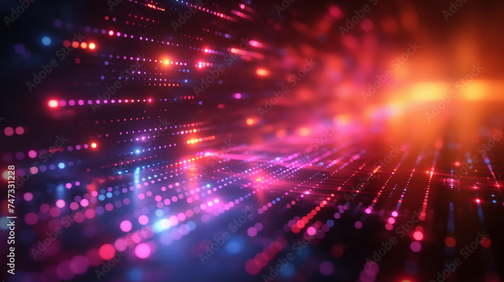 Poster abstract flying on a dark blue and red background topic of artificial intelligence, neural networks,