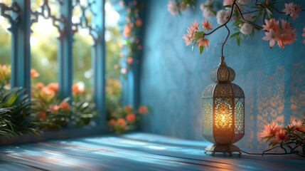 The Iranian traditional lantern light lamp and the Tasbeeh are displayed in the background along with the iftar image in light blue colour, and the Ramadan Kareem Mubarak 3D background. - obrazy, fototapety, plakaty