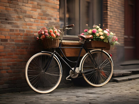  A vintage bicycle leaning against a brick wall, adorned with a basket of flowers