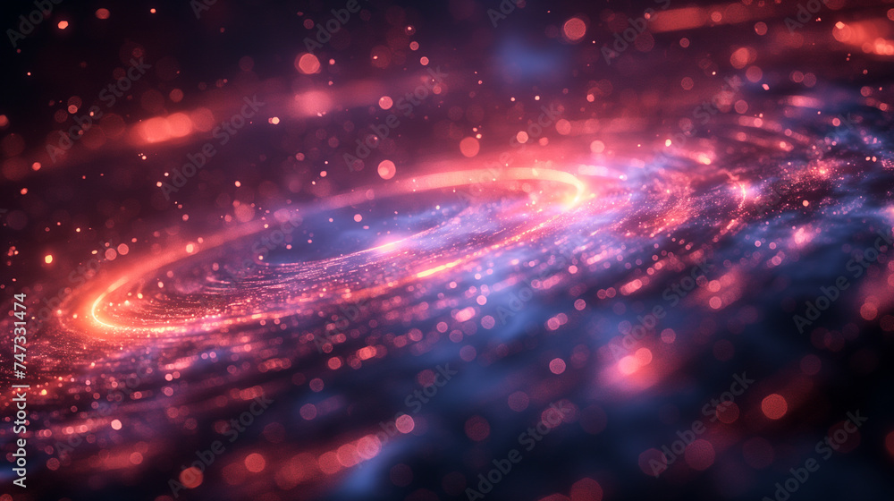 Poster abstract flying on a dark blue and red background topic of artificial intelligence, neural networks,