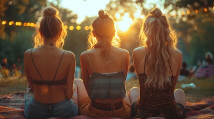 A rear view of female friends watching an open-air concert in the park.