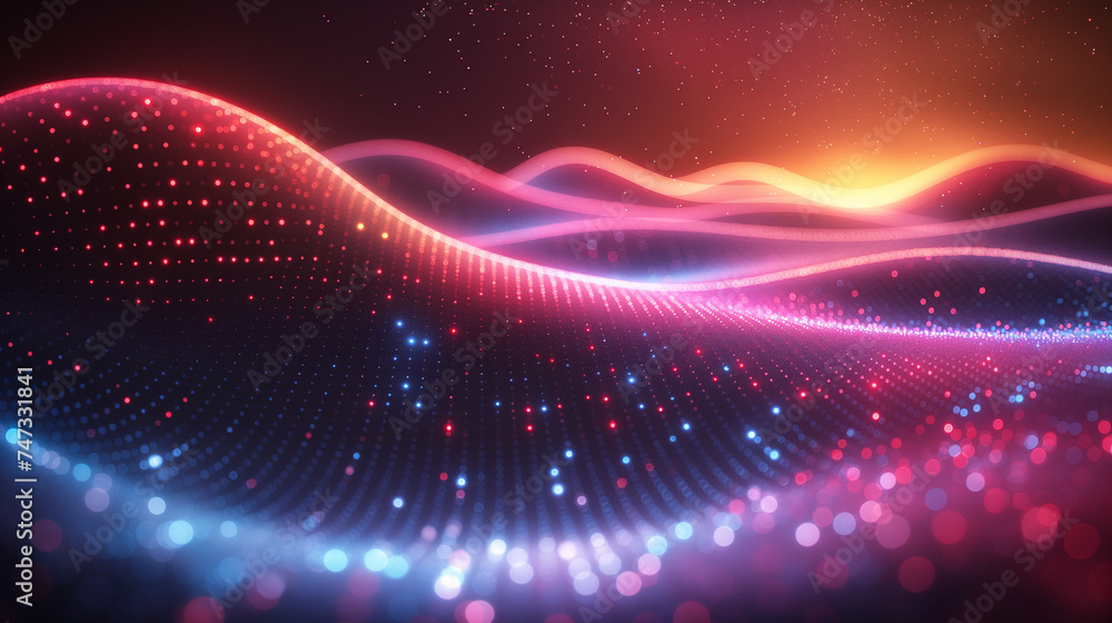 Poster abstract flying on a dark blue and red background topic of artificial intelligence, neural networks,