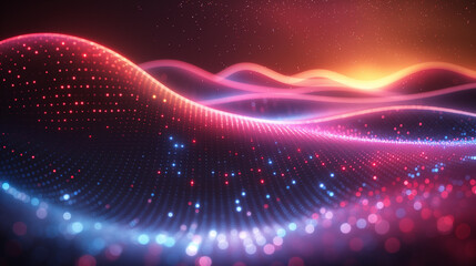 Obraz premium Abstract flying on a dark blue and red background topic of artificial intelligence, neural networks, big data. Copy space