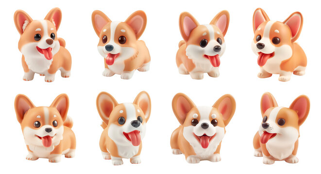 Corgi puppy 3d Illustrations set. Minimal style. 3d renders of cute kawaii corgi dog toys isolated on transparent background