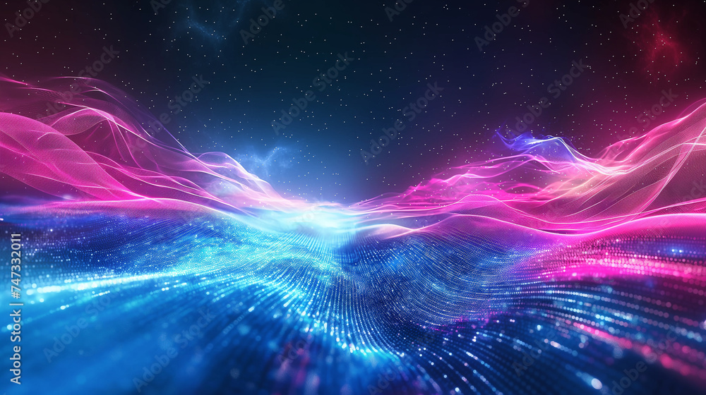 Poster abstract flying on a dark blue and red background topic of artificial intelligence, neural networks,