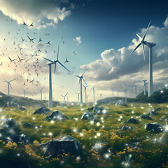 A conceptual image of renewable energy with wind turbines
