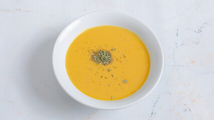 Lentil soup bowl top view isolated