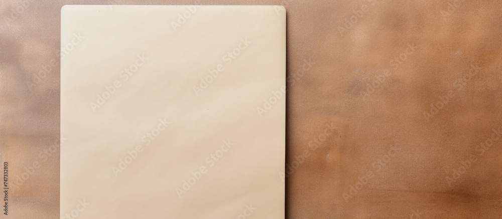 Poster a blank piece of white paper is placed on top of a wooden table, creating a simple and minimalistic 