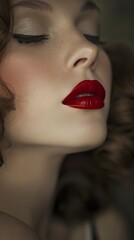 A close-up portrait of a sensual woman in classic glamor and makeup. Woman's face with refined features in luxurious sensation and captivating vision.