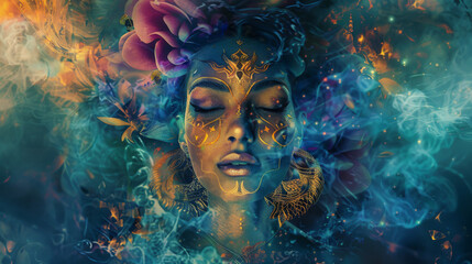 Enigmatic woman in blue mystical art - Image of a woman embellished with gold and blue, surrounded by a magical and mystical atmosphere