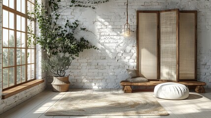A wooden coffee table with eucalyptus branches in a vase is surrounded by a folding screen and a pouf on white brick walls