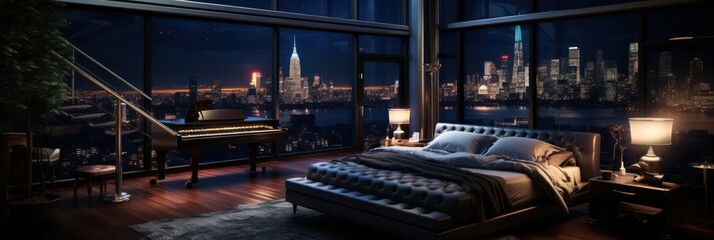 Luxurious Bedroom Overlooking City Night Lights Generative AI
