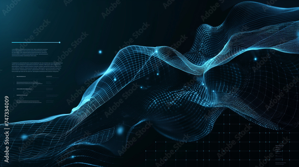 Poster abstract flying on a dark blue and red background topic of artificial intelligence, neural networks,