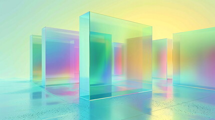 a group of iridescent glass cubes sitting next to each other on a table, abstract background