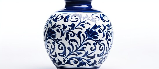 A cobalt blue porcelain ceramic vase with traditional folk painting and patterns, placed on a white surface. - obrazy, fototapety, plakaty