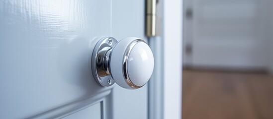 A detailed view of a shiny silver door handle attached to a white door. The stainless steel round ball-shaped knob catches the light, adding a modern touch to the door.