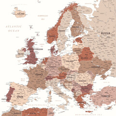 Europe - Highly Detailed Vector Map of the Europe. Ideally for the Print Posters. Brown Beige White Colors - obrazy, fototapety, plakaty