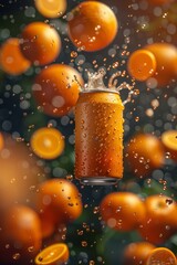 Orange plain soft-drink can 330ml Floating, tilted up slightly, crispy fresh oranges in the air scattered, hovering in an abstract vibrant space, thee of Juicy orange color.