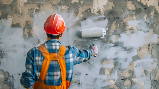 a man paints the wall with white paint with a roller