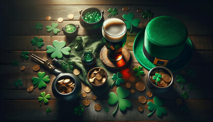 Festive St. Patrick’s Day Celebration with Traditional Irish Symbols - obrazy, fototapety, plakaty