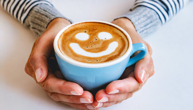 Hands holding a cup of coffee with a happy face emoji, white background, copy space
