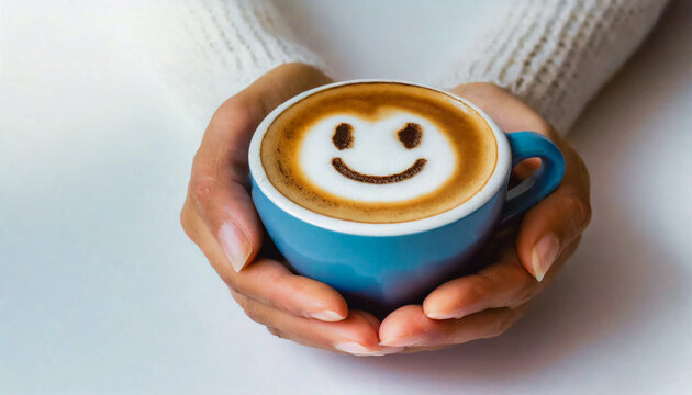 Hands holding a cup of coffee with a happy face emoji, white background, copy space