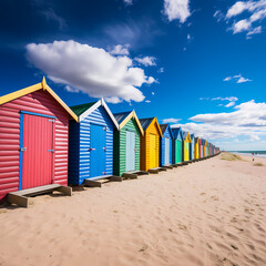 A row of colorful beach huts against a blue sky. 