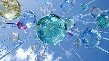 Glass balls floating in azure sky, resembling a liquid organism